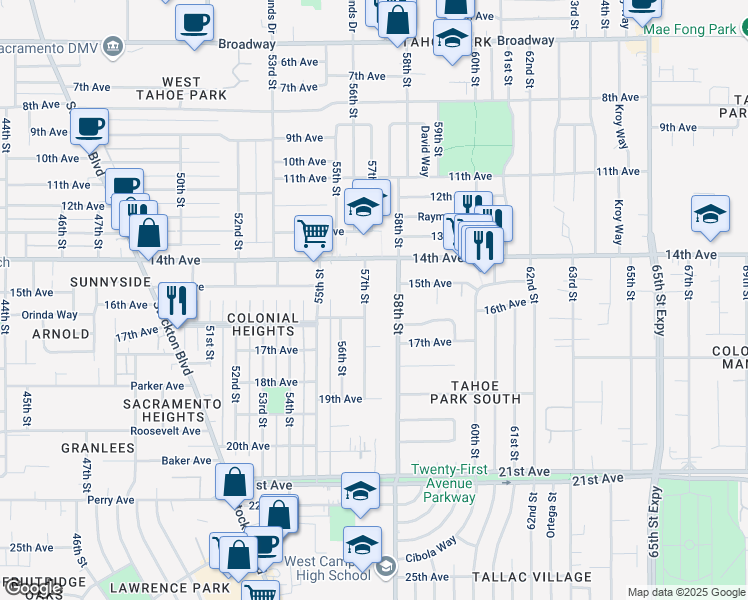 map of restaurants, bars, coffee shops, grocery stores, and more near 4015 57th Street in Sacramento