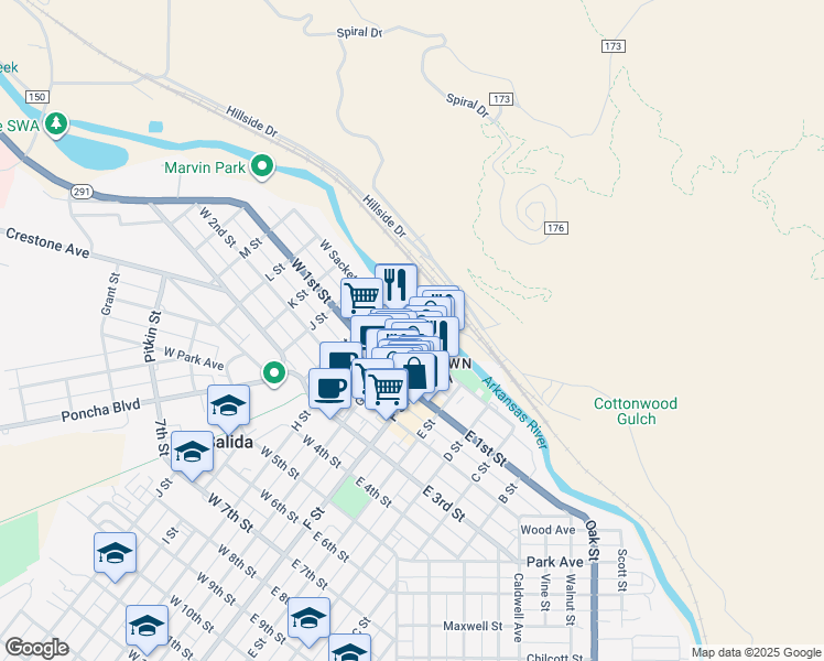 map of restaurants, bars, coffee shops, grocery stores, and more near 220 West Sackett Avenue in Salida