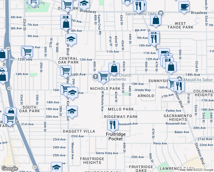 map of restaurants, bars, coffee shops, grocery stores, and more near 4025 West Nichols Avenue in Sacramento
