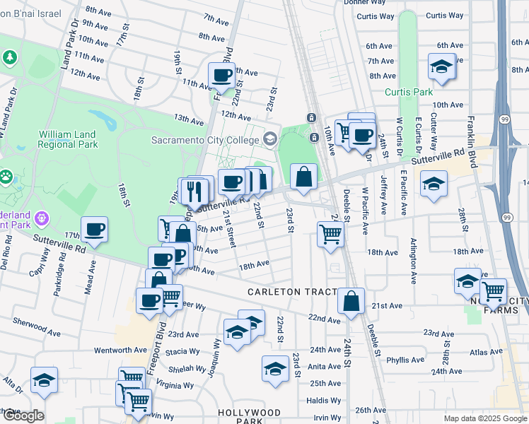 map of restaurants, bars, coffee shops, grocery stores, and more near 2213 15th Avenue in Sacramento