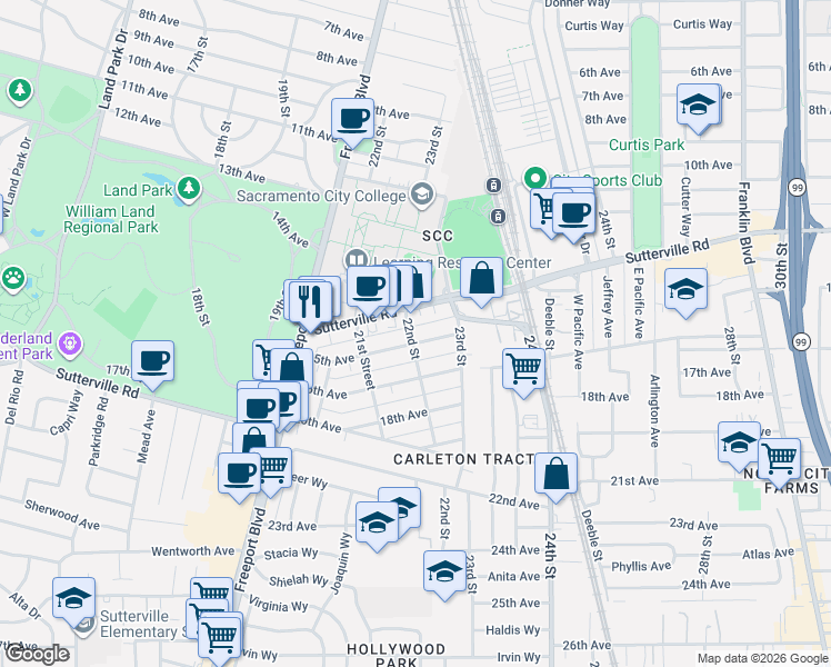 map of restaurants, bars, coffee shops, grocery stores, and more near 2213 15th Avenue in Sacramento