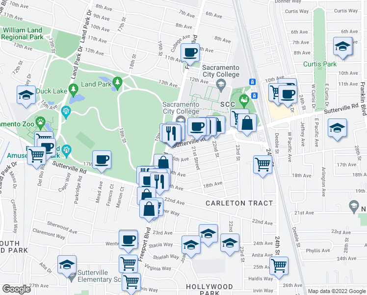 map of restaurants, bars, coffee shops, grocery stores, and more near 2076 Sutterville Road in Sacramento