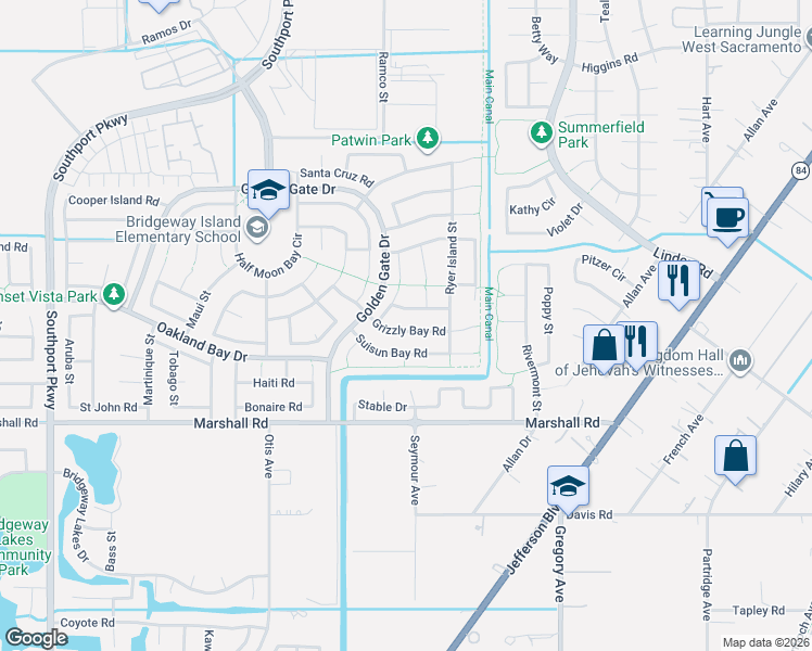 map of restaurants, bars, coffee shops, grocery stores, and more near 3110 Grizzly Bay Road in West Sacramento
