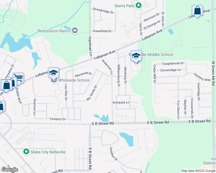 map of restaurants, bars, coffee shops, grocery stores, and more near 223 Anderson Lane in Belleville