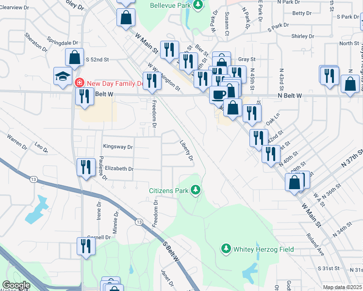 map of restaurants, bars, coffee shops, grocery stores, and more near 160 Liberty Drive in Belleville