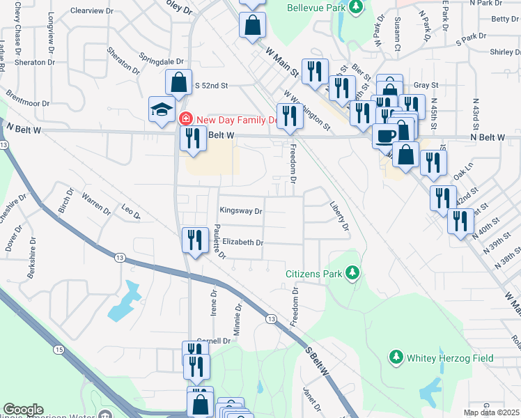 map of restaurants, bars, coffee shops, grocery stores, and more near 101 Kingsway Drive in Belleville