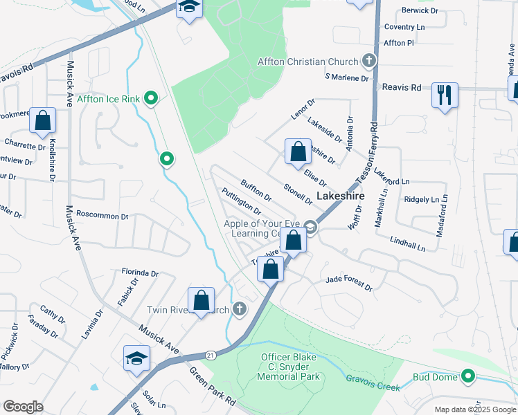 map of restaurants, bars, coffee shops, grocery stores, and more near 10064 Puttington Drive in St. Louis