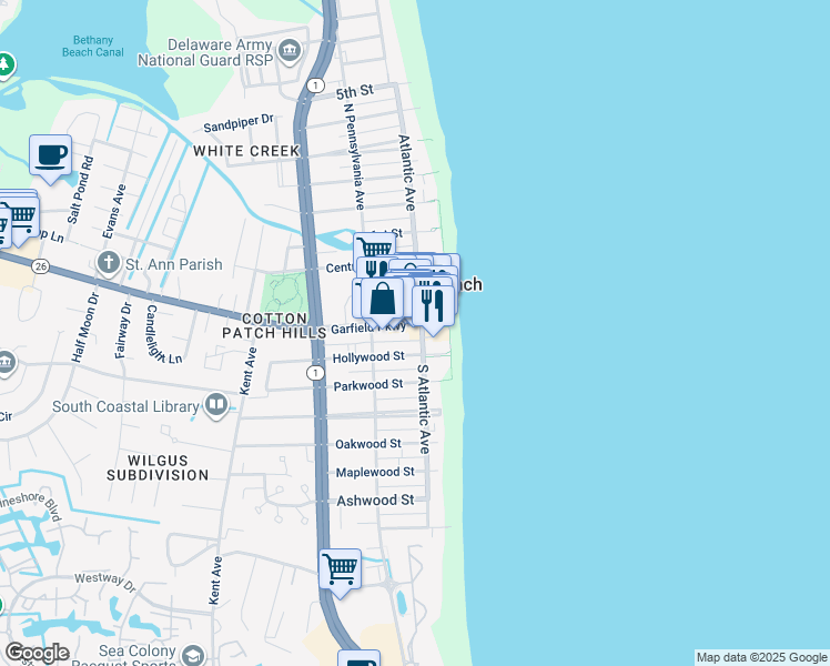 map of restaurants, bars, coffee shops, grocery stores, and more near 100 Garfield Parkway in Bethany Beach