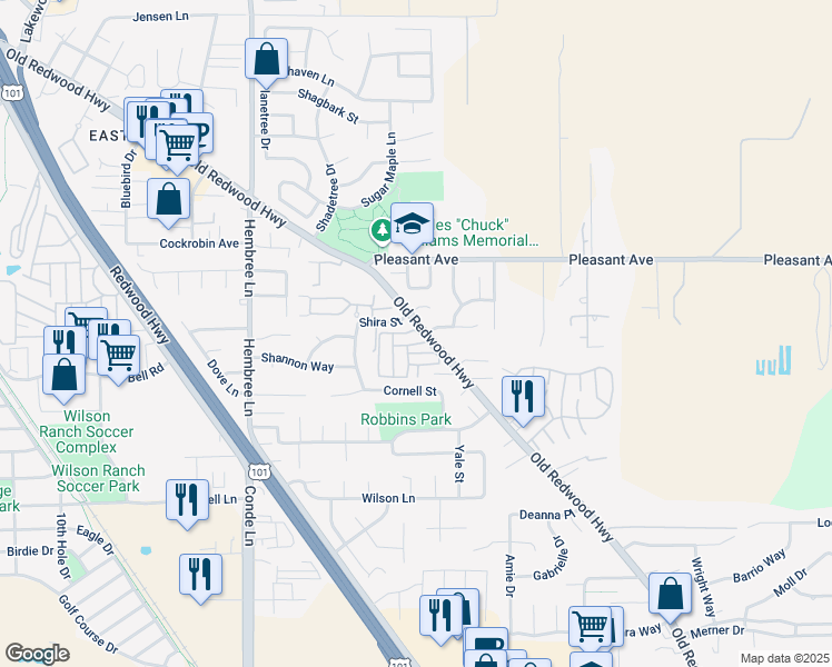 map of restaurants, bars, coffee shops, grocery stores, and more near 125 Wade Drive in Windsor