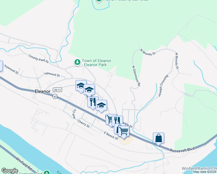 map of restaurants, bars, coffee shops, grocery stores, and more near 46 Gum St in Eleanor