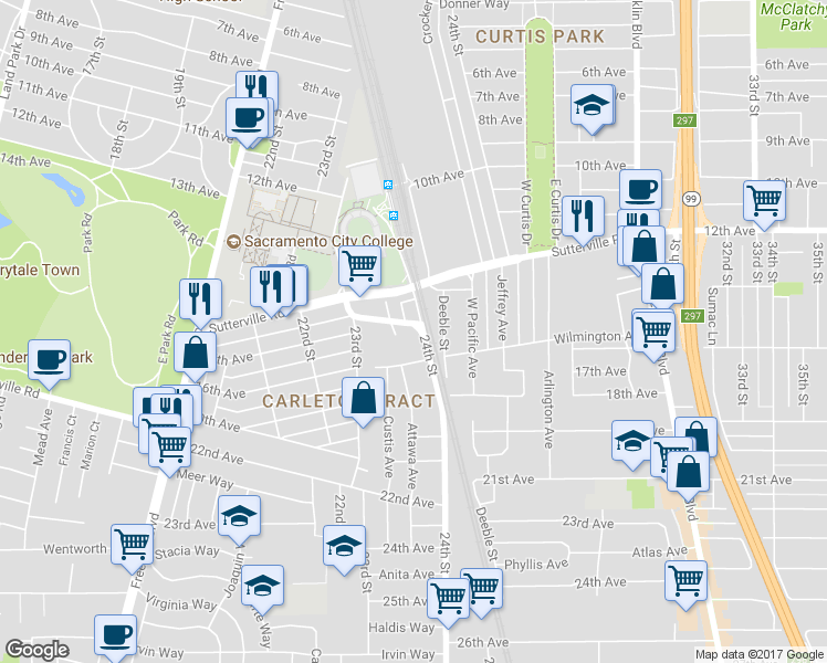 map of restaurants, bars, coffee shops, grocery stores, and more near 4080 24th Street in Sacramento