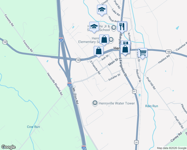map of restaurants, bars, coffee shops, grocery stores, and more near 1407 Mount Zion Road in Henryville