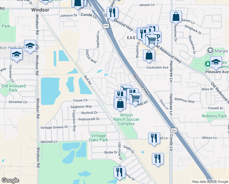 map of restaurants, bars, coffee shops, grocery stores, and more near 1043 Maple Drive in Windsor