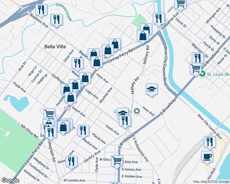map of restaurants, bars, coffee shops, grocery stores, and more near 713 Dammert Avenue in St. Louis