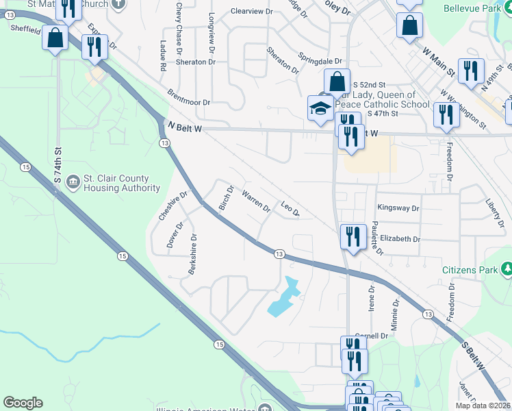 map of restaurants, bars, coffee shops, grocery stores, and more near 6214 Warren Drive in Belleville