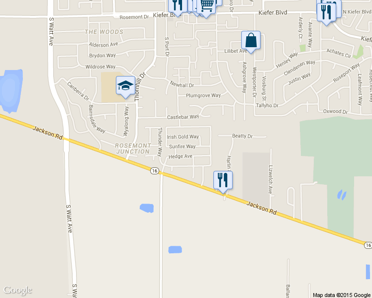 map of restaurants, bars, coffee shops, grocery stores, and more near 9210 Sunfire Way in Sacramento