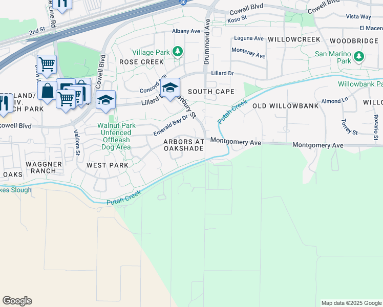 map of restaurants, bars, coffee shops, grocery stores, and more near 1517 Gateway Court in Davis