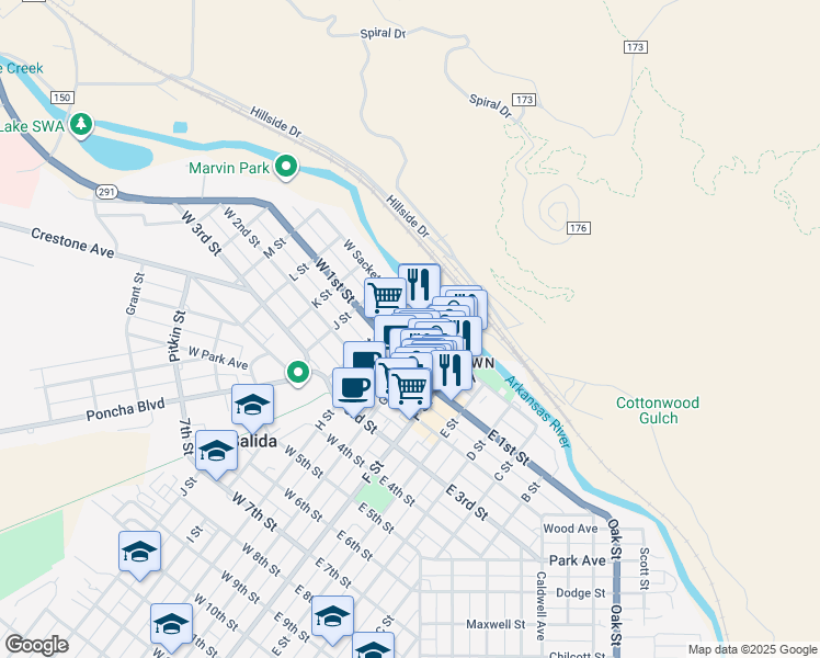 map of restaurants, bars, coffee shops, grocery stores, and more near 341 W Sackett Ave in Salida