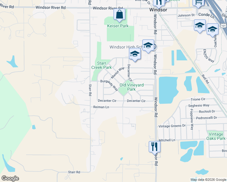 map of restaurants, bars, coffee shops, grocery stores, and more near 938 Pinot Noir Way in Windsor