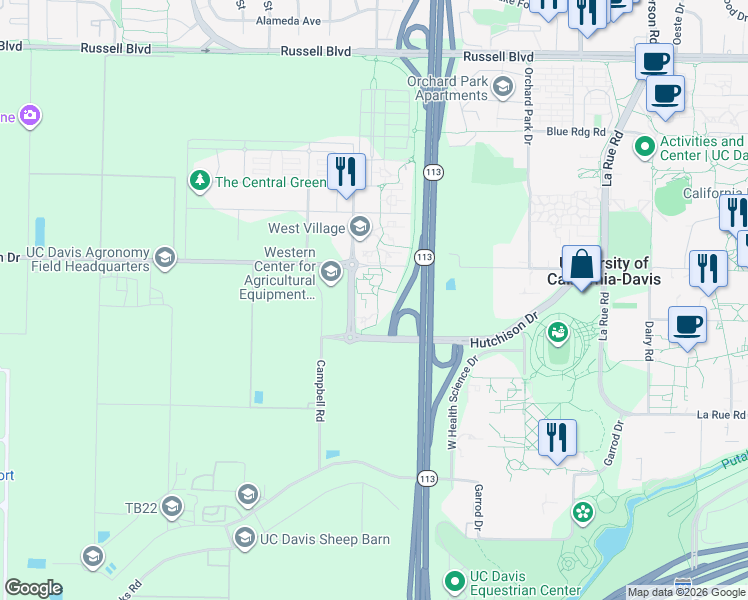 map of restaurants, bars, coffee shops, grocery stores, and more near 1739 Hutchison Drive in Davis