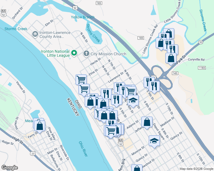 map of restaurants, bars, coffee shops, grocery stores, and more near 221 North 5th Street in Ironton