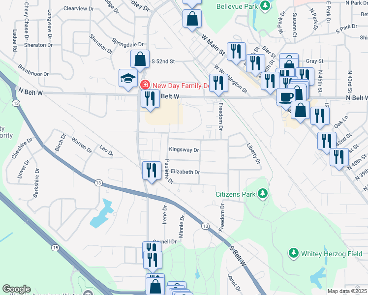 map of restaurants, bars, coffee shops, grocery stores, and more near 117 Kingsway Drive in Belleville