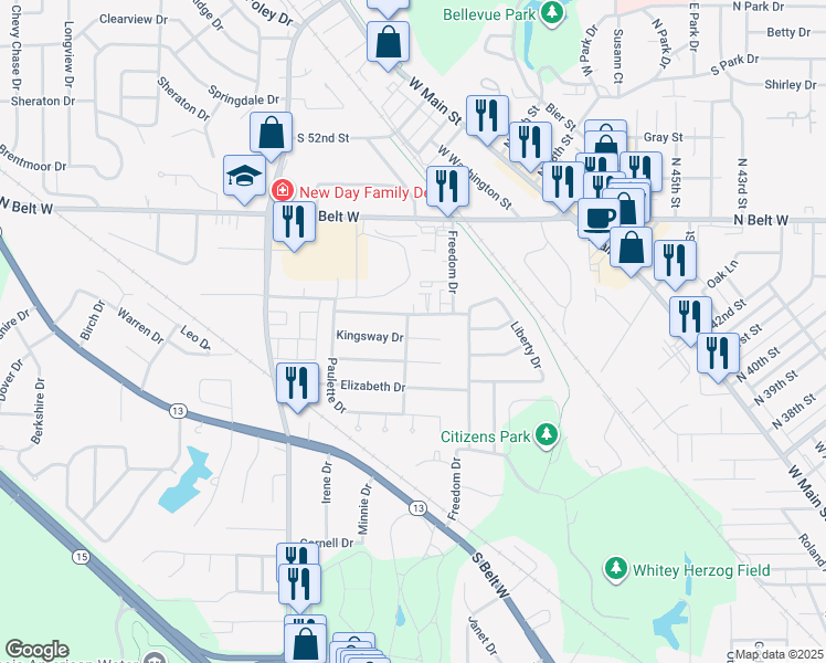 map of restaurants, bars, coffee shops, grocery stores, and more near 101 Kingsway Drive in Belleville