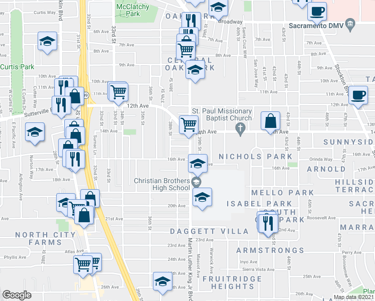 map of restaurants, bars, coffee shops, grocery stores, and more near 4014 Martin Luther King Junior Boulevard in Sacramento