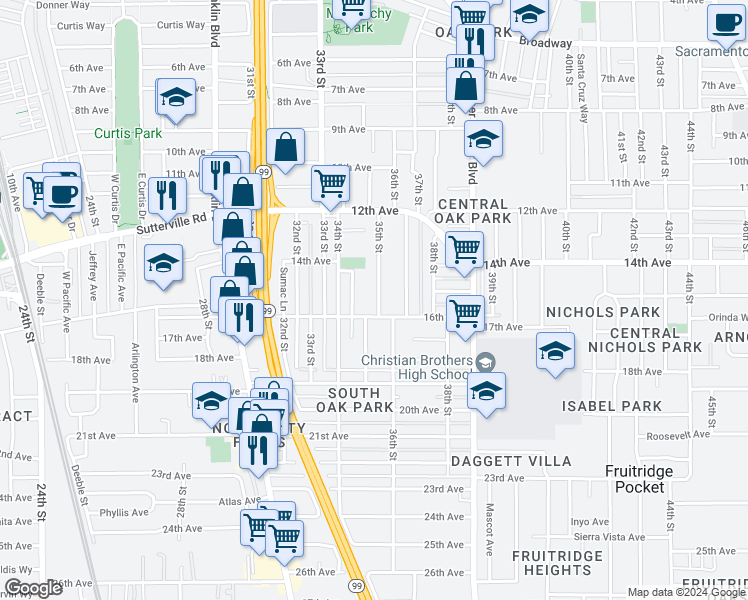 map of restaurants, bars, coffee shops, grocery stores, and more near 4006 35th Street in Sacramento