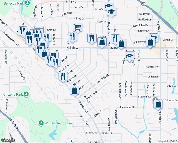 map of restaurants, bars, coffee shops, grocery stores, and more near 315 North 39th Street in Belleville