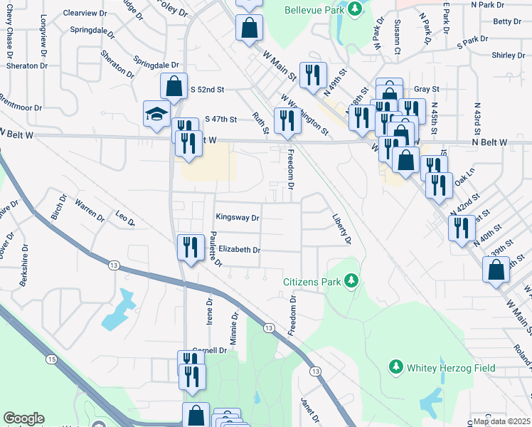 map of restaurants, bars, coffee shops, grocery stores, and more near 101 Kingsway Drive in Belleville
