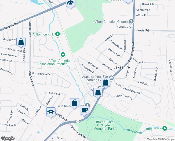 map of restaurants, bars, coffee shops, grocery stores, and more near 10153 Squire Meadows Drive in St. Louis