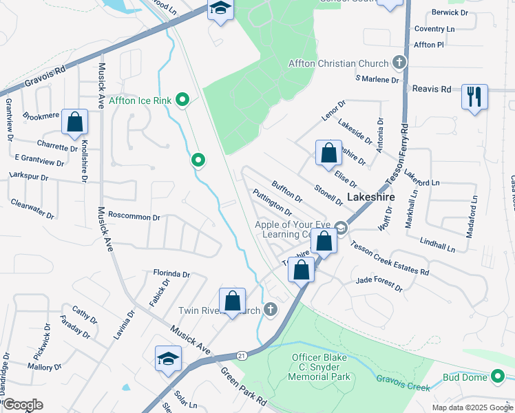 map of restaurants, bars, coffee shops, grocery stores, and more near 10153 Squire Meadows Drive in St. Louis