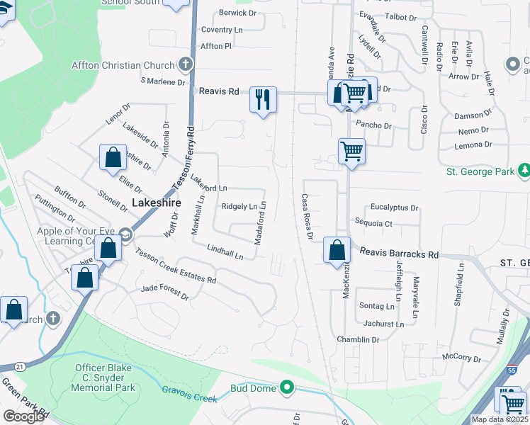 map of restaurants, bars, coffee shops, grocery stores, and more near 9932 Madaford Lane in Affton