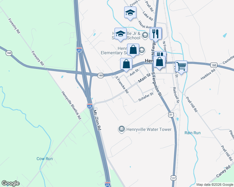 map of restaurants, bars, coffee shops, grocery stores, and more near 1407 Mount Zion Road in Henryville