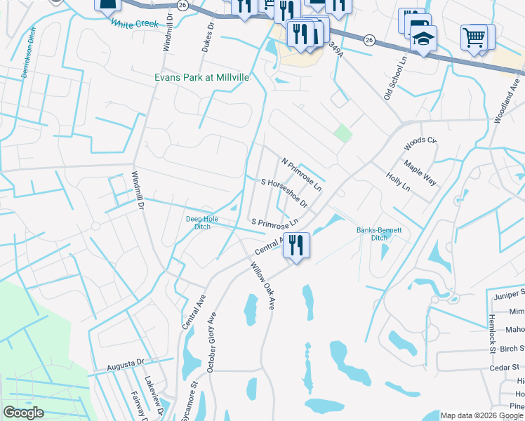 map of restaurants, bars, coffee shops, grocery stores, and more near 21 Windmill Lane in Ocean View