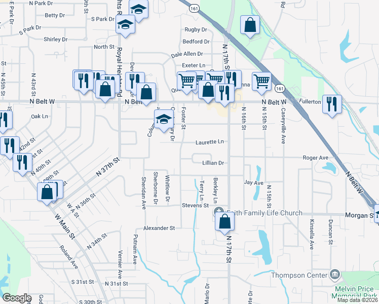 map of restaurants, bars, coffee shops, grocery stores, and more near 14 Jennine Drive in Belleville