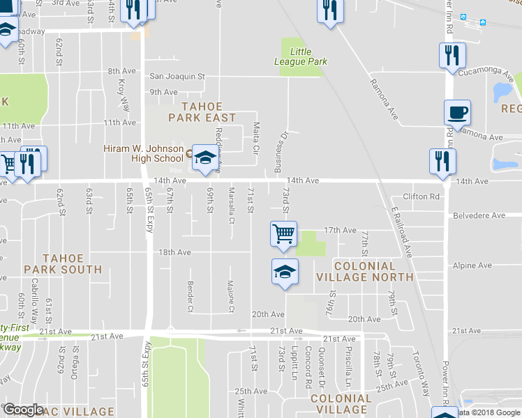 map of restaurants, bars, coffee shops, grocery stores, and more near 4011 71st Street in Sacramento