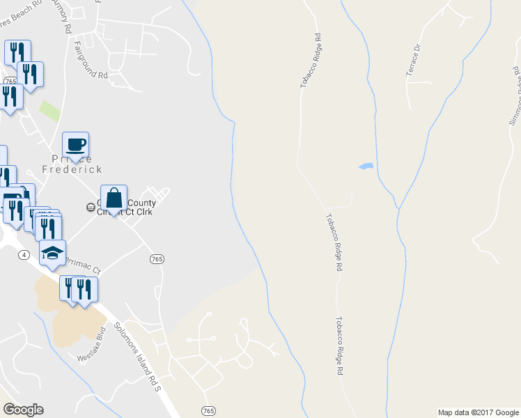 map of restaurants, bars, coffee shops, grocery stores, and more near 635 Tobacco Ridge Road in Prince Frederick