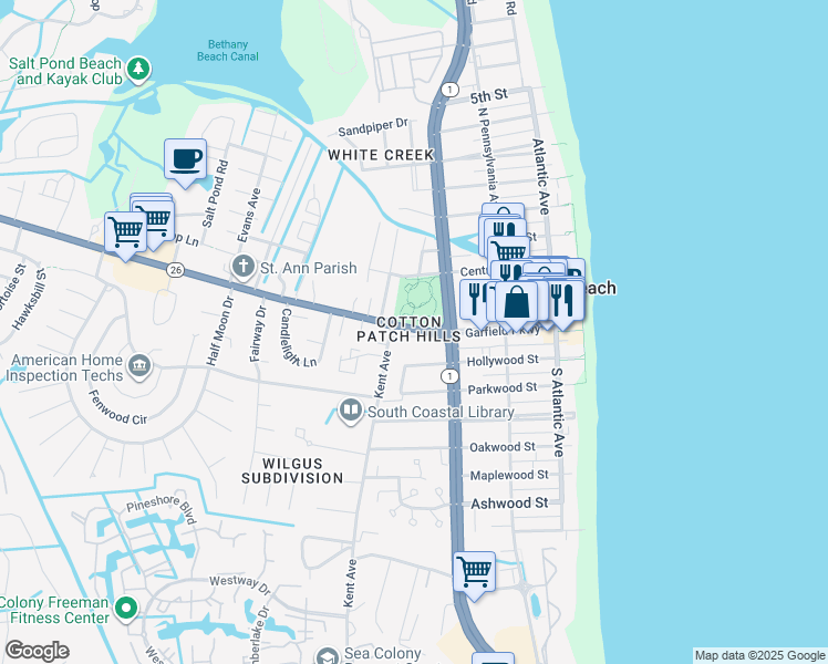 map of restaurants, bars, coffee shops, grocery stores, and more near 306 Garfield Parkway in Bethany Beach
