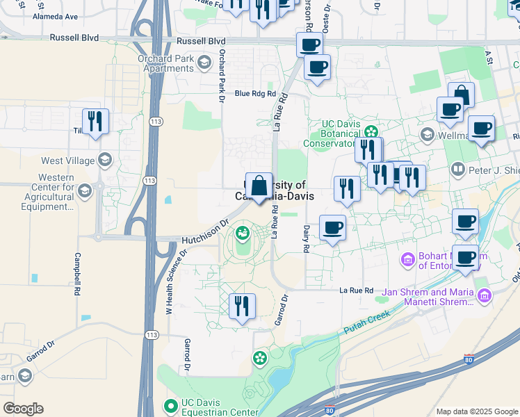 map of restaurants, bars, coffee shops, grocery stores, and more near 1 Shields Avenue in Davis