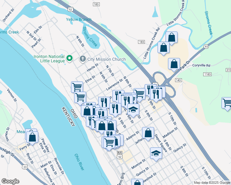 map of restaurants, bars, coffee shops, grocery stores, and more near 603 Railroad Street in Ironton