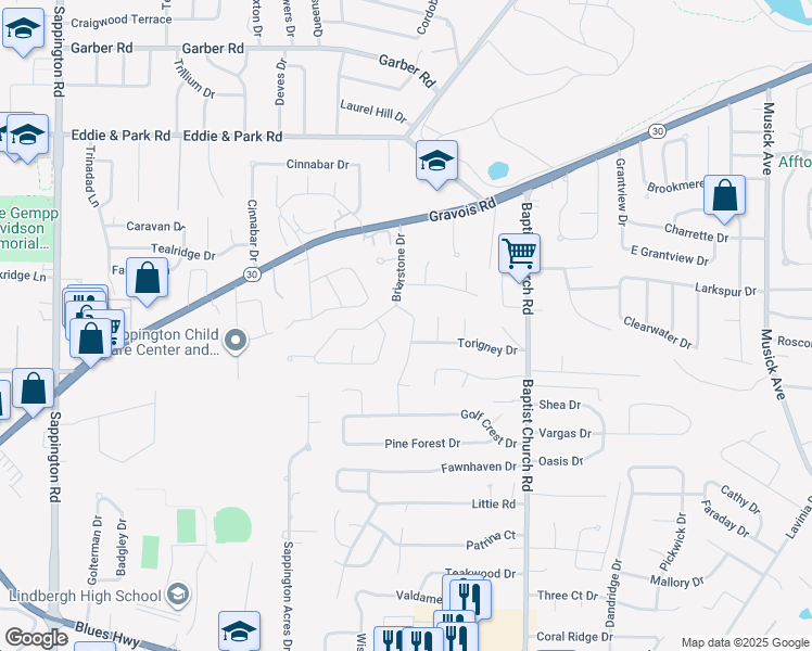 map of restaurants, bars, coffee shops, grocery stores, and more near 9931 Chileswood Drive in Sappington