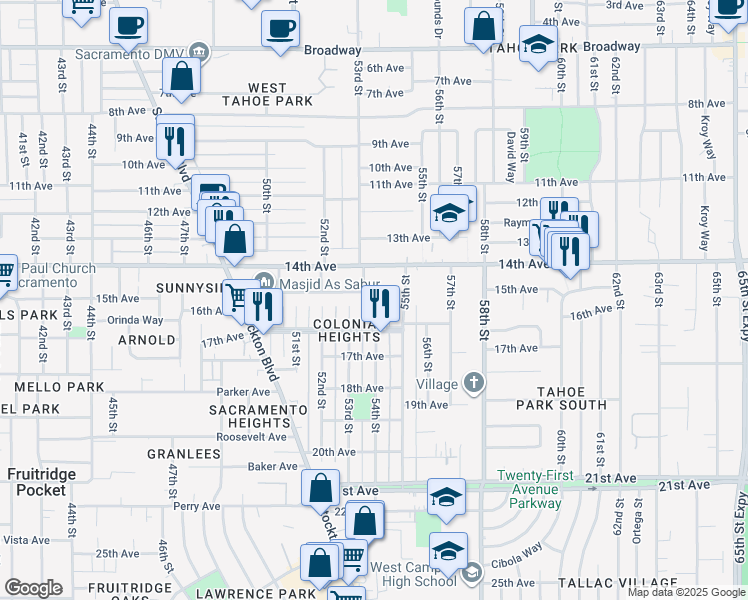 map of restaurants, bars, coffee shops, grocery stores, and more near 401 54th Street in Sacramento