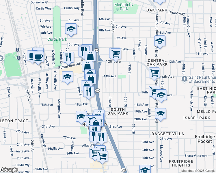 map of restaurants, bars, coffee shops, grocery stores, and more near 4016 33rd Street in Sacramento