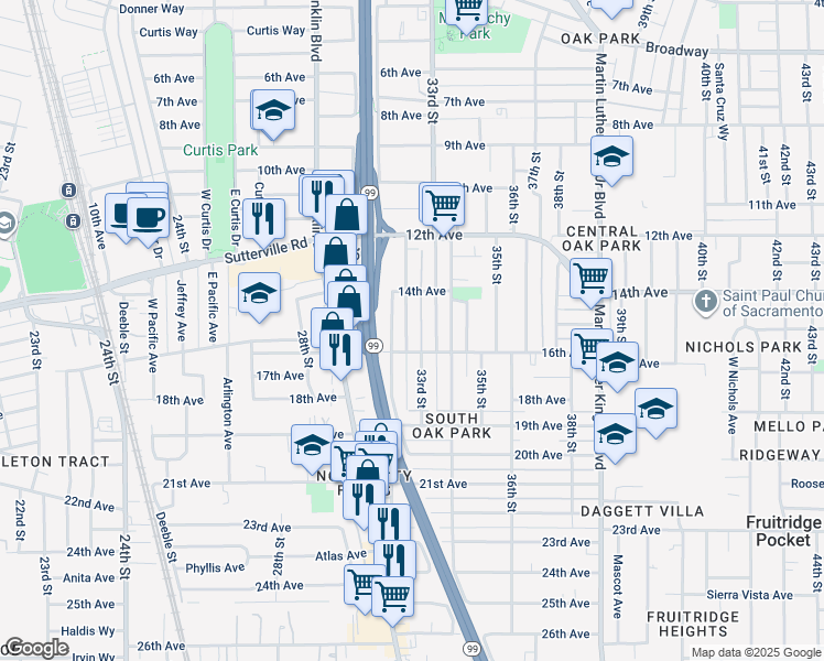 map of restaurants, bars, coffee shops, grocery stores, and more near 4025 32nd Street in Sacramento