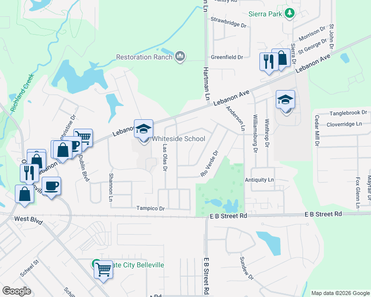 map of restaurants, bars, coffee shops, grocery stores, and more near 118 Del Rio Court in Belleville