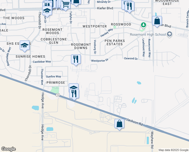 map of restaurants, bars, coffee shops, grocery stores, and more near 9290 Beatty Drive in Sacramento