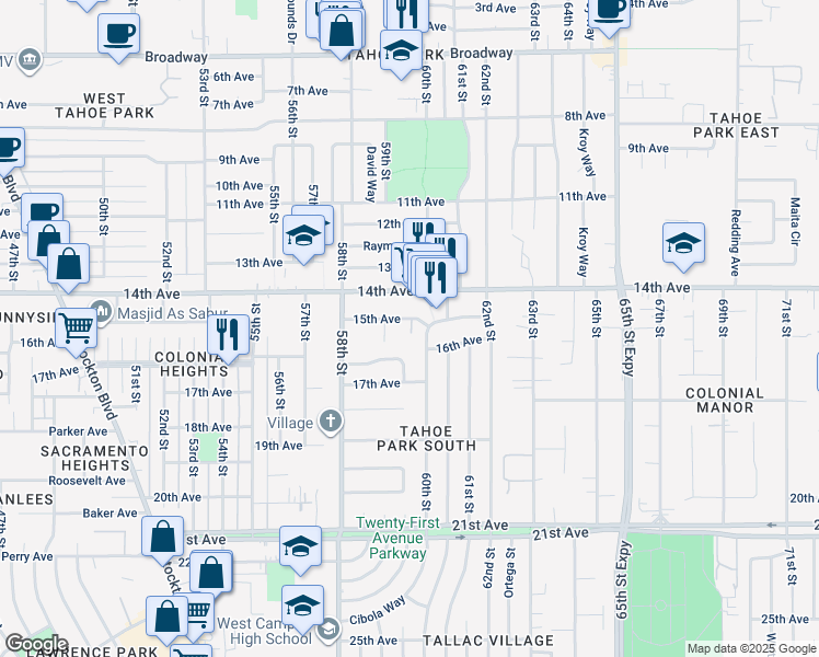 map of restaurants, bars, coffee shops, grocery stores, and more near 5978 15th Avenue in Sacramento