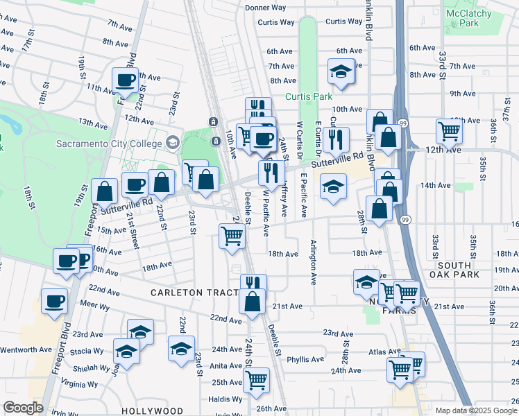 map of restaurants, bars, coffee shops, grocery stores, and more near 3851 West Pacific Avenue in Sacramento